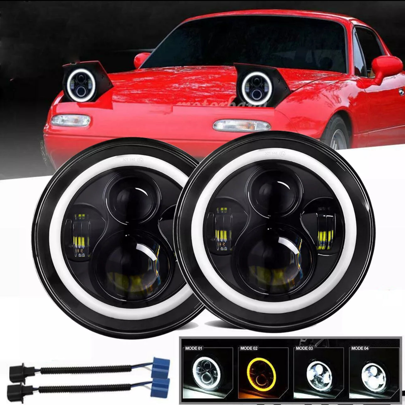 For 90-97 Mazda Miata MX5 MX-5 H6024 2X Full LED Headlight Lights Halo Angel Eye