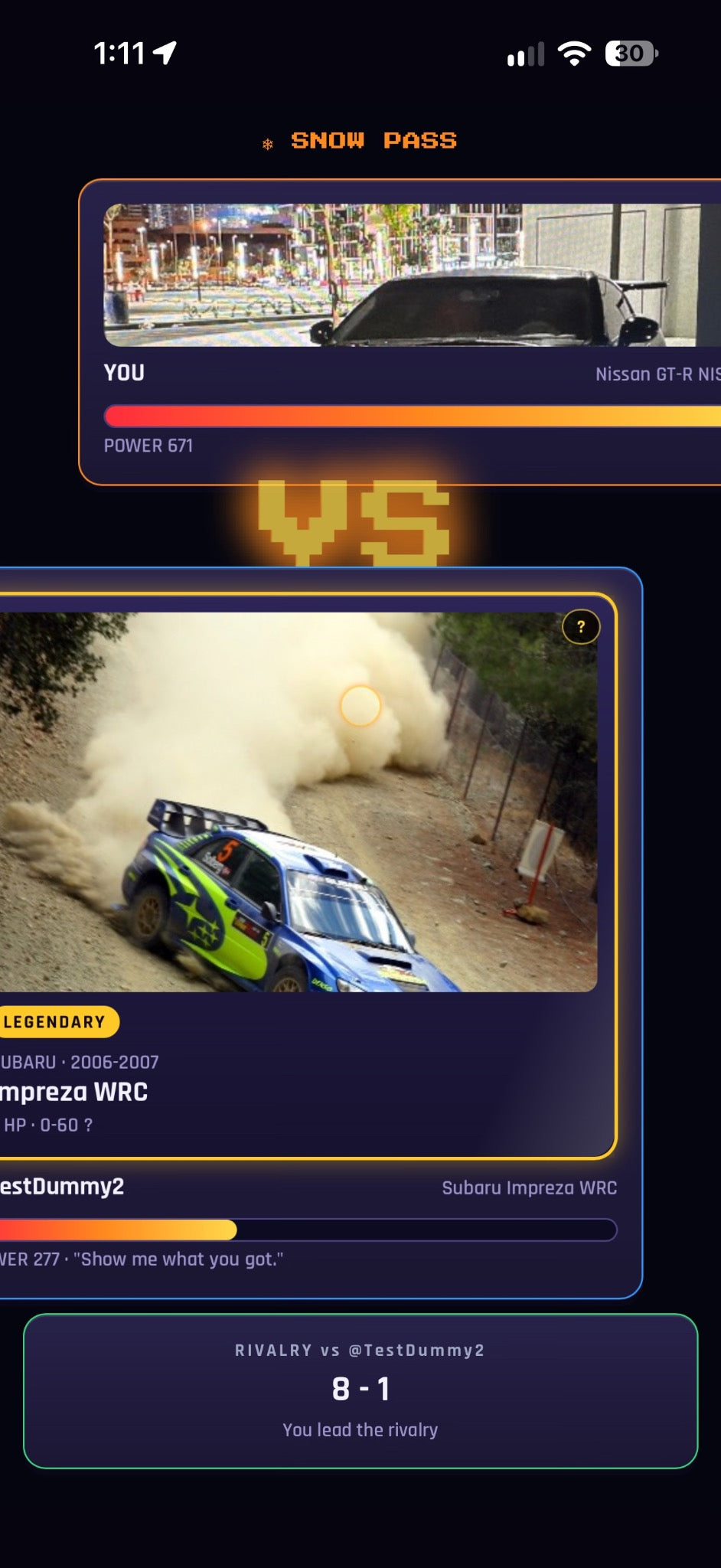 User-provided actual RevCatch matchup screen showing Nissan GT-R NISMO against Legendary Subaru Impreza WRC