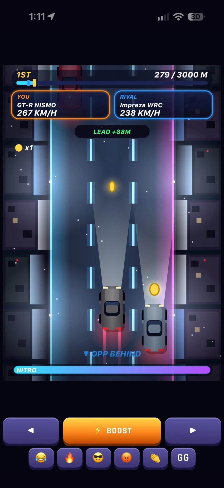 User-provided actual RevCatch mid-race screenshot showing car speeds, race progress and lead distance