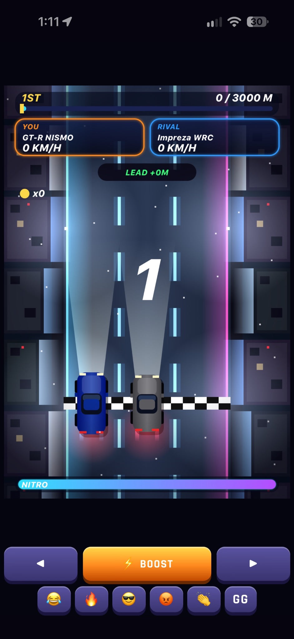 User-provided actual RevCatch race start screenshot with two cars at the start line and BOOST control