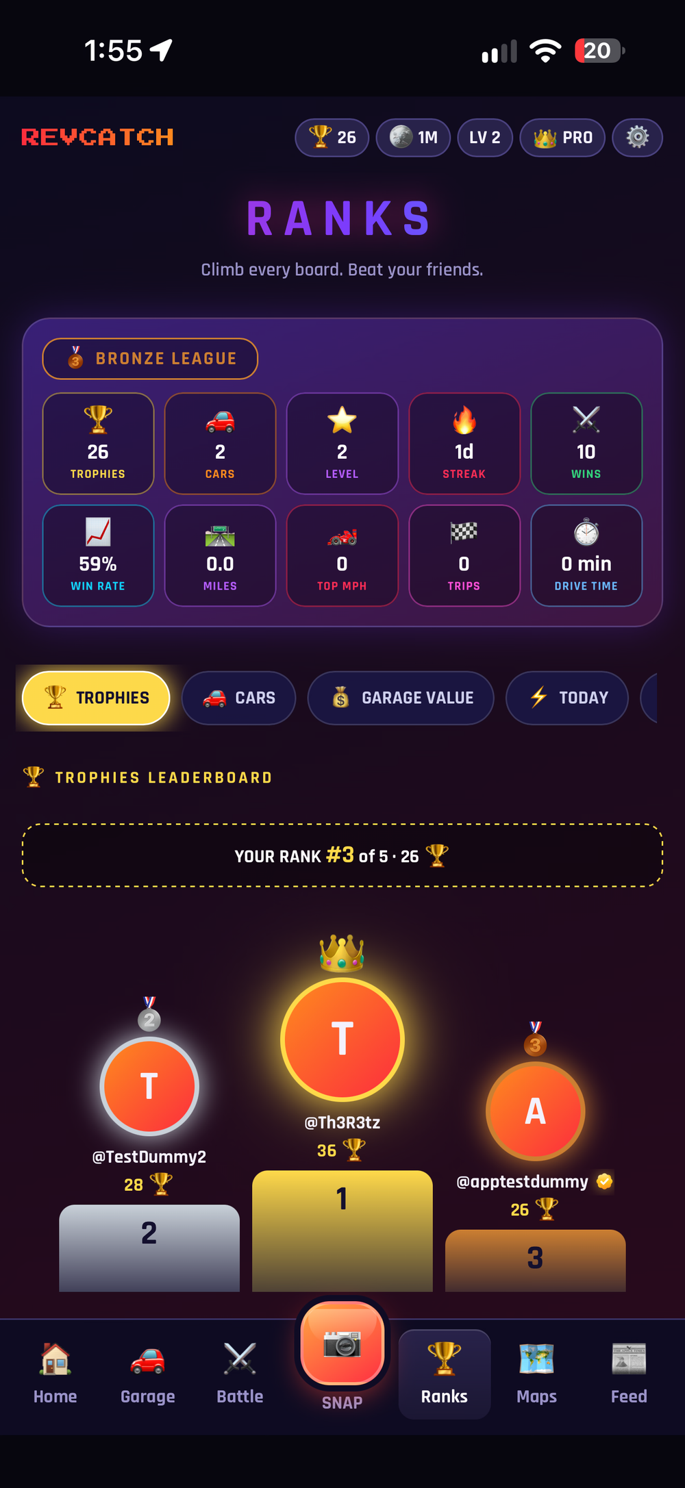 RevCatch Ranks page screenshot showing trophies, cars, level and leaderboard sections
