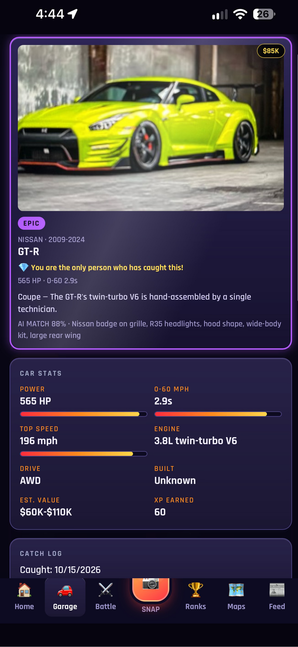Actual RevCatch car detail and garage progress screenshot: Legendary Ferrari F40, 471 HP, 0–60 in 3.8 seconds, $3M estimated value, total garage value and progress to next goal