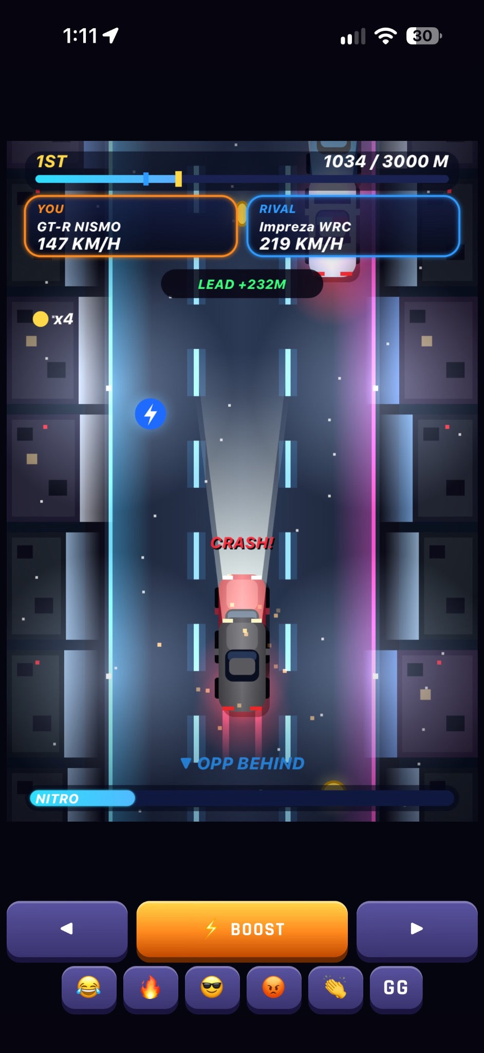 User-provided actual RevCatch gameplay screenshot showing a crash during a race