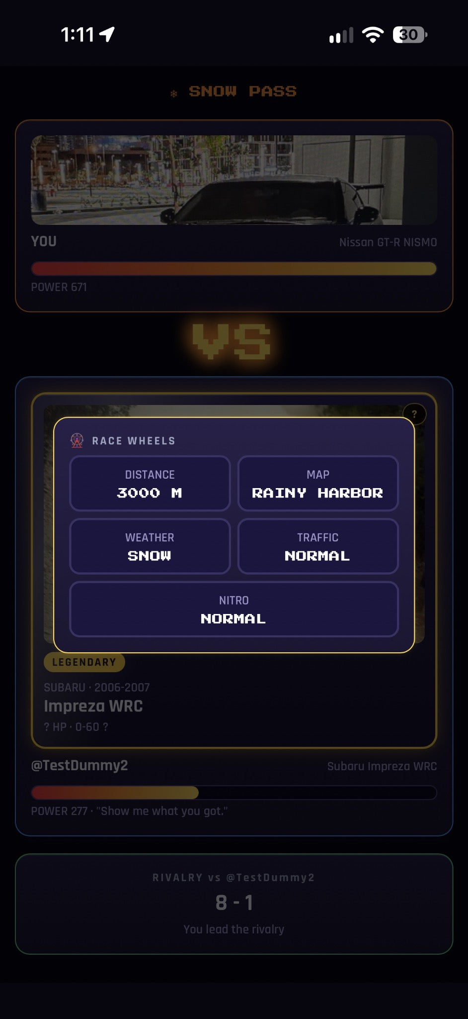 User-provided actual RevCatch Snow Pass battle matchup screen showing GT-R NISMO against Subaru Impreza WRC with race conditions